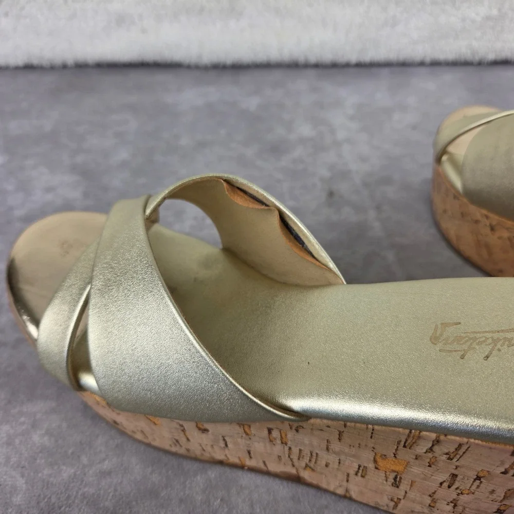 Kala Niketan Gold Metallic Cork Wedge Sandals Platform Slides Womens